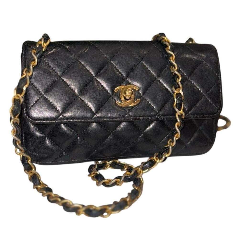 Vintage Chanel Black 1 Series 24K Gold Quilted Lambskin Mini Classic Flap Bag
